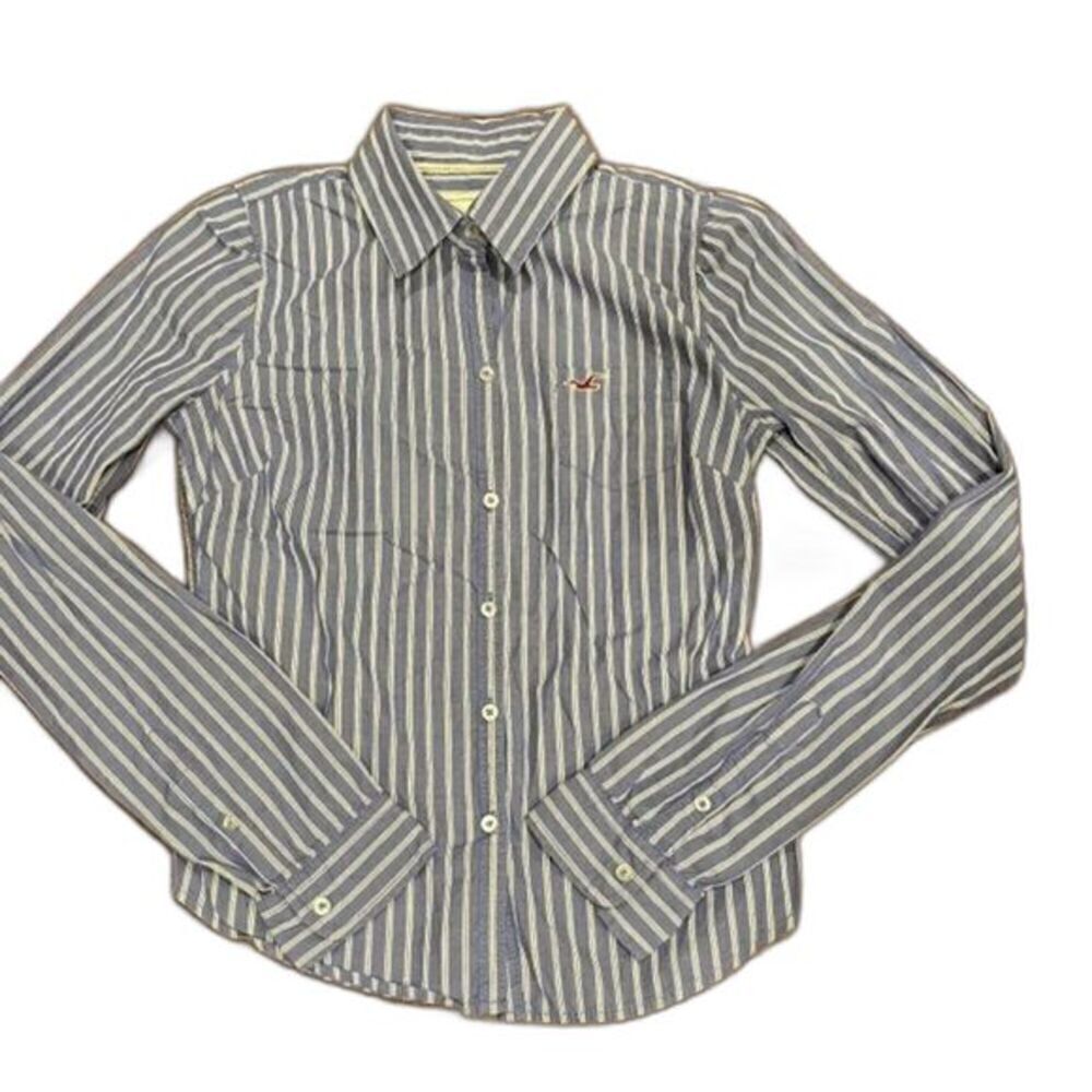Hollister Women's Button Front Preppy Shirt Blue‎ White Size Medium
